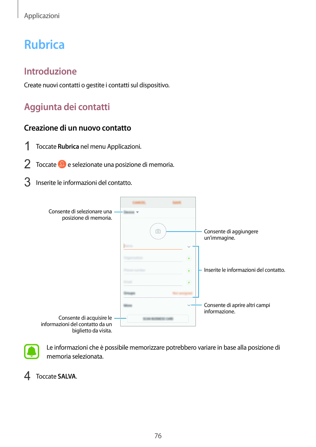 Samsung SM-G935FZWAITV, SM-G935FZSAITV, SM-G935FZBAITV manual Rubrica, Aggiunta dei contatti, Creazione di un nuovo contatto 