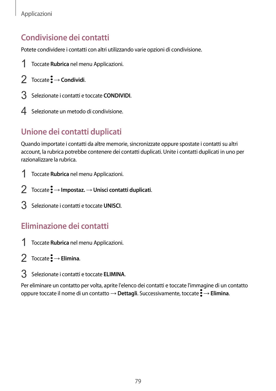 Samsung SM-G935FZBAITV, SM-G935FZSAITV Condivisione dei contatti, Unione dei contatti duplicati, Eliminazione dei contatti 