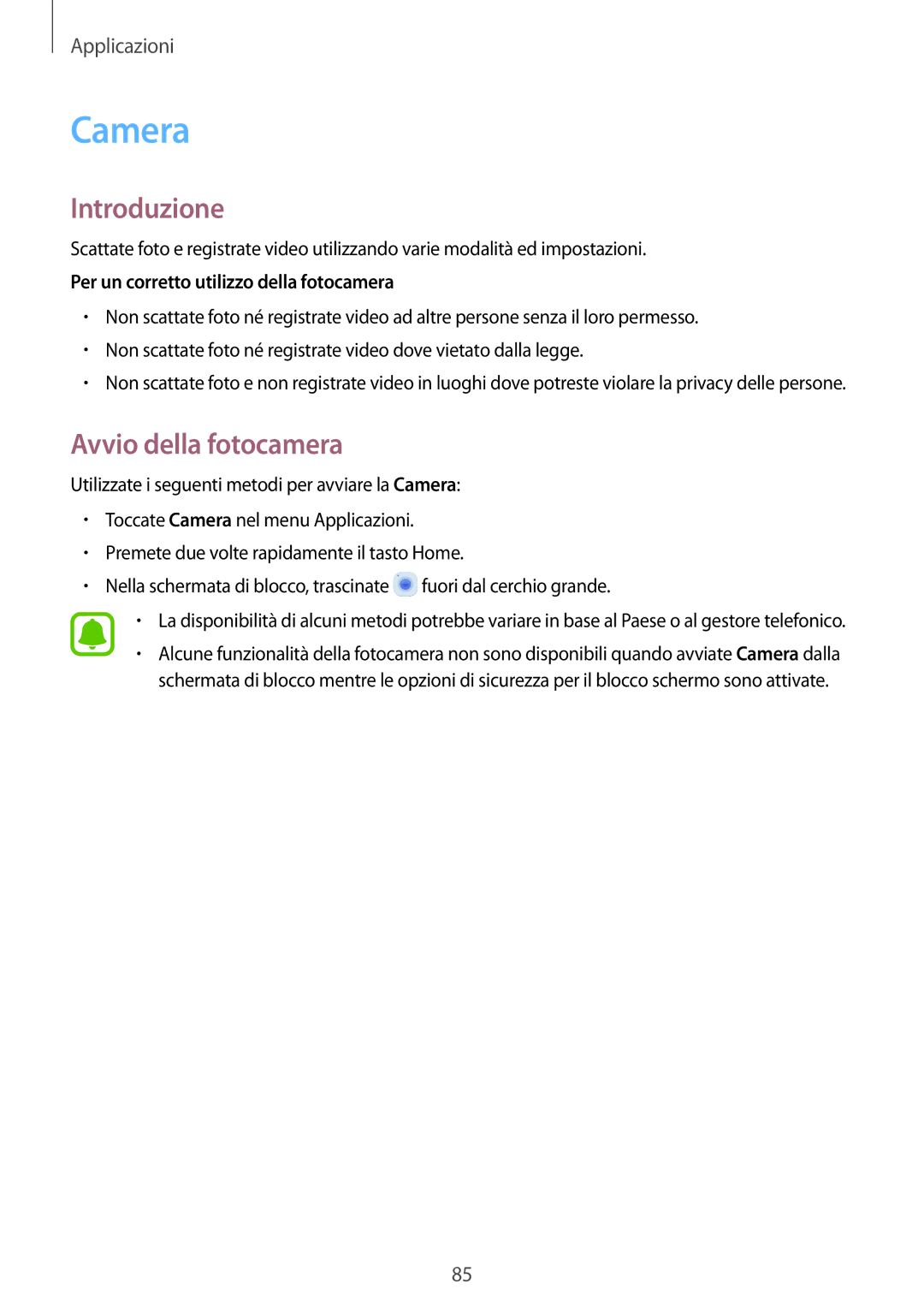 Samsung SM-G935FZBAITV, SM-G935FZSAITV manual Camera, Avvio della fotocamera, Per un corretto utilizzo della fotocamera 