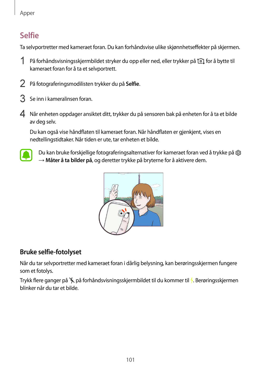 Samsung SM-G935FZSANEE, SM-G935FZWANEE, SM-G935FZBANEE, SM-G935FZDANEE, SM-G935FEDANEE manual Selfie, Bruke selfie-fotolyset 