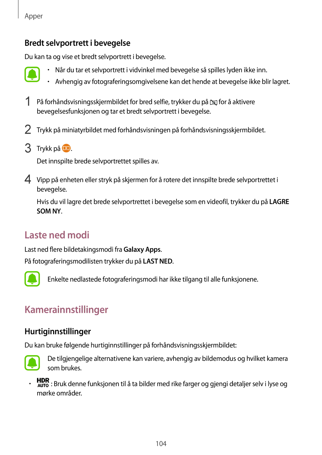 Samsung SM-G935FZDANEE manual Laste ned modi, Kamerainnstillinger, Bredt selvportrett i bevegelse, Hurtiginnstillinger 