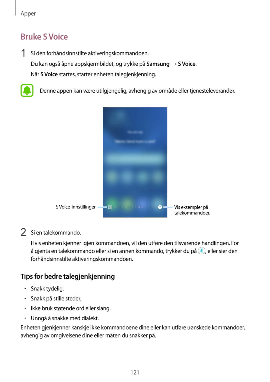 Samsung SM-G935FZBANEE, SM-G935FZWANEE, SM-G935FZDANEE, SM-G935FEDANEE manual Bruke S Voice, Tips for bedre talegjenkjenning 