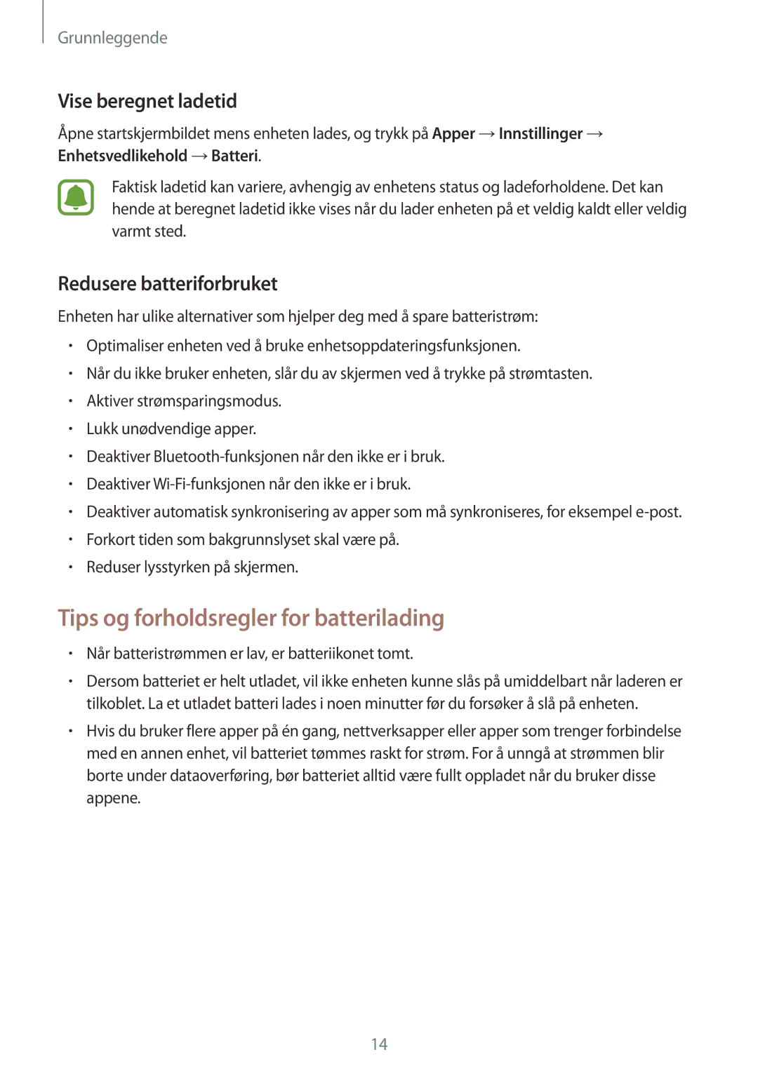 Samsung SM-G935FZDANEE manual Tips og forholdsregler for batterilading, Vise beregnet ladetid, Redusere batteriforbruket 