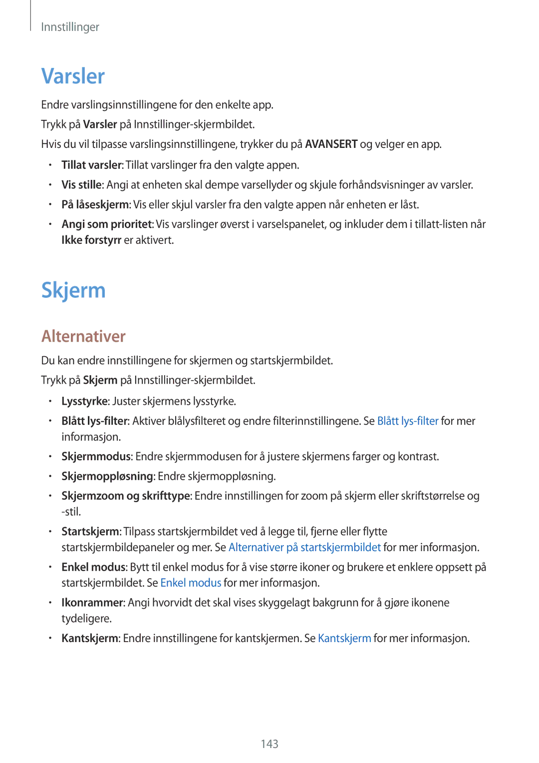Samsung SM-G935FZSANEE, SM-G935FZWANEE, SM-G935FZBANEE, SM-G935FZDANEE, SM-G935FEDANEE manual Varsler, Skjerm, Alternativer 