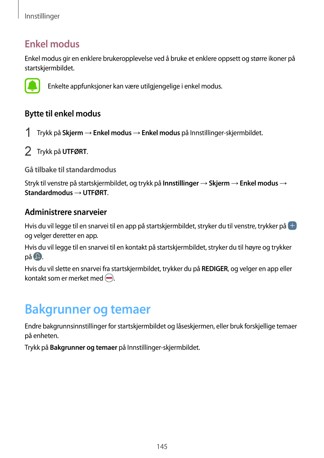 Samsung SM-G935FZBANEE, SM-G935FZWANEE Bakgrunner og temaer, Enkel modus, Bytte til enkel modus, Administrere snarveier 