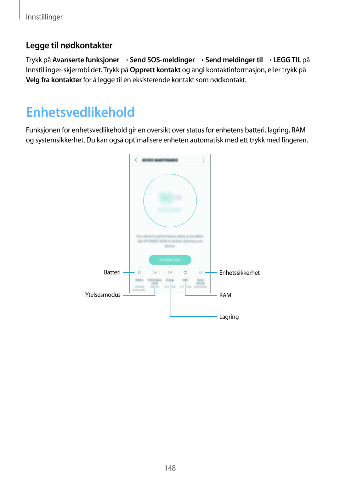 Samsung SM-G935FZKANEE, SM-G935FZWANEE, SM-G935FZBANEE, SM-G935FZDANEE manual Enhetsvedlikehold, Legge til nødkontakter 