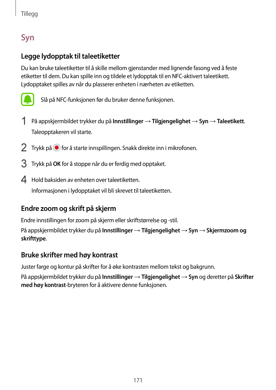 Samsung SM-G935FEDANEE, SM-G935FZWANEE manual Syn, Legge lydopptak til taleetiketter, Endre zoom og skrift på skjerm 
