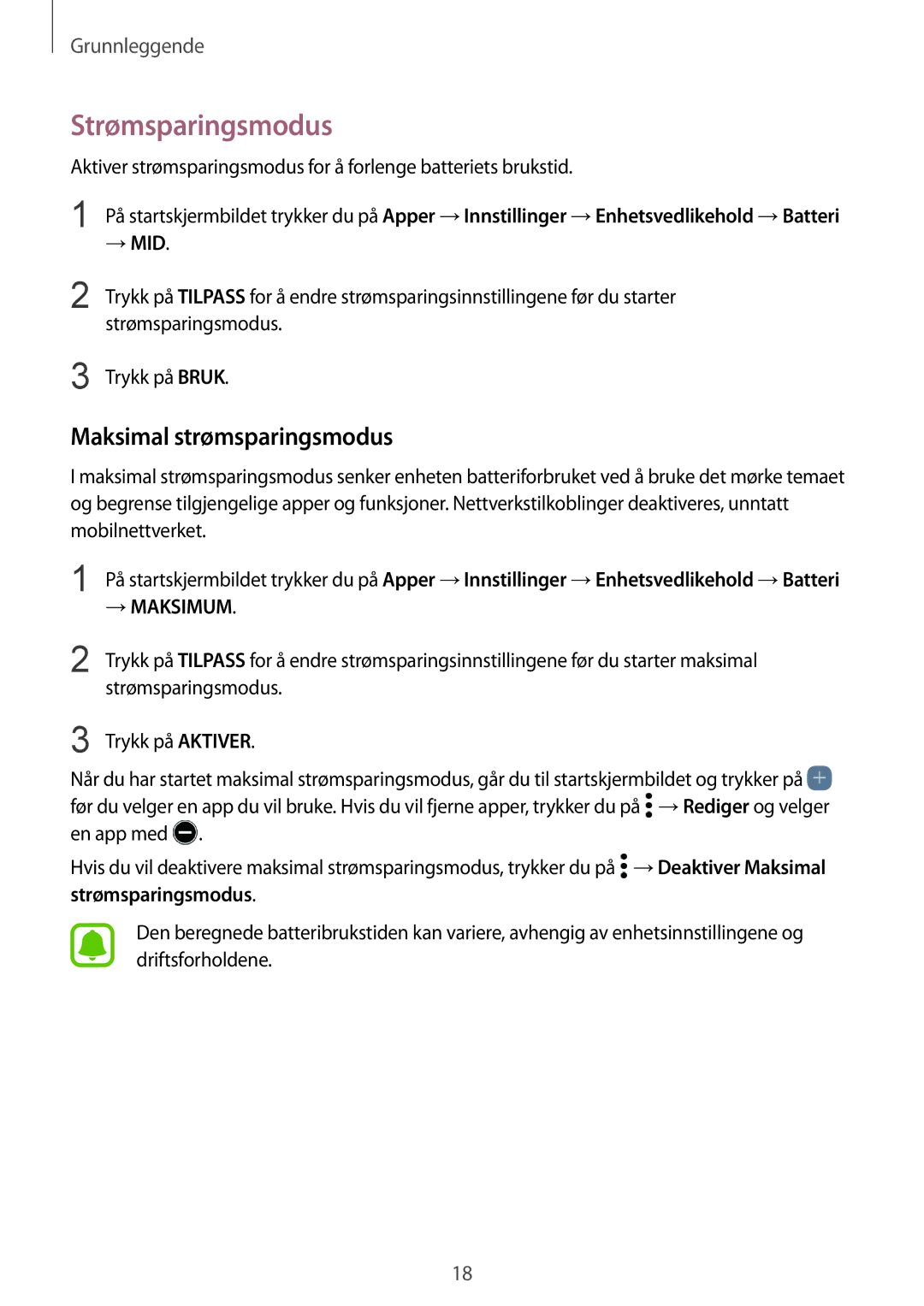 Samsung SM-G935FZWANEE, SM-G935FZBANEE, SM-G935FZDANEE, SM-G935FEDANEE manual Strømsparingsmodus, Maksimal strømsparingsmodus 