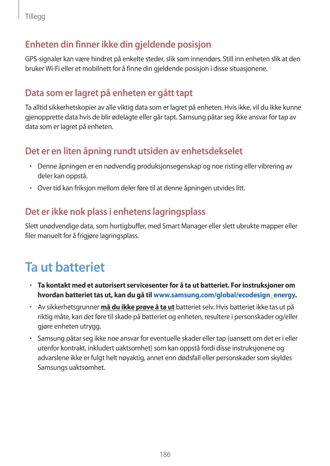 Samsung SM-G935FZWANEE, SM-G935FZBANEE, SM-G935FZDANEE manual Ta ut batteriet, Enheten din finner ikke din gjeldende posisjon 