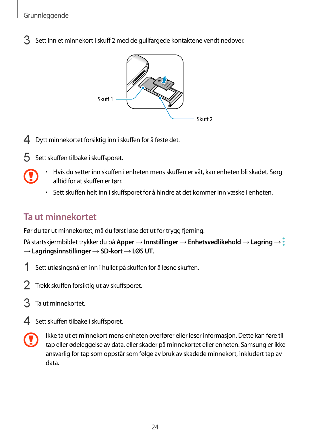 Samsung SM-G935FZWANEE, SM-G935FZBANEE, SM-G935FZDANEE manual Ta ut minnekortet, → Lagringsinnstillinger →SD-kort →LØS UT 