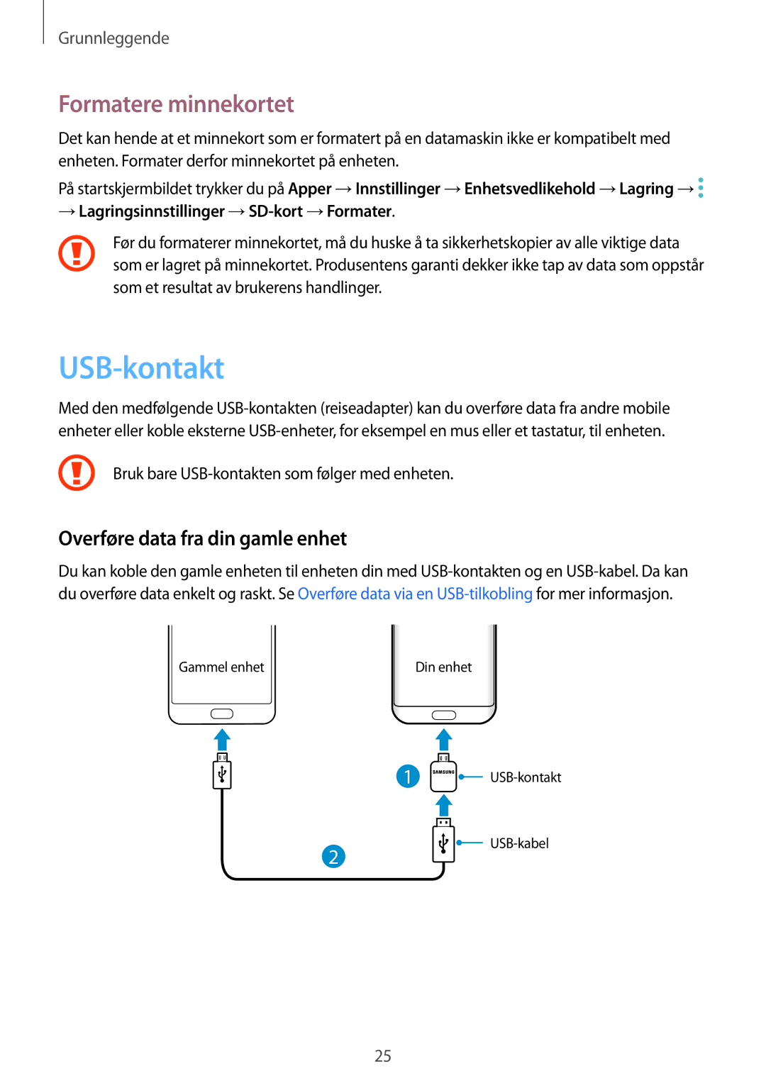 Samsung SM-G935FZBANEE, SM-G935FZWANEE manual USB-kontakt, Formatere minnekortet, Overføre data fra din gamle enhet 