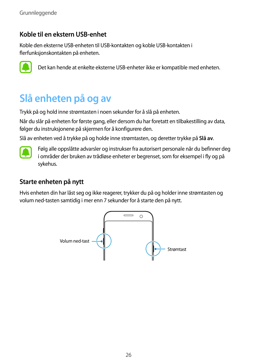 Samsung SM-G935FZDANEE, SM-G935FZWANEE manual Slå enheten på og av, Koble til en ekstern USB-enhet, Starte enheten på nytt 