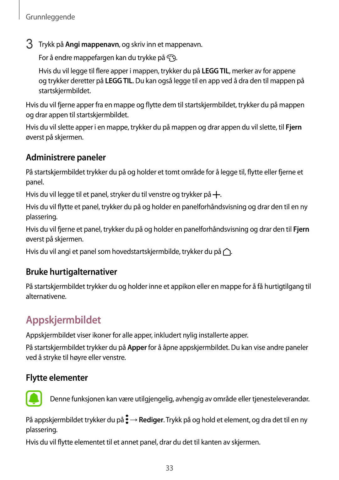Samsung SM-G935FEDANEE, SM-G935FZWANEE, SM-G935FZBANEE manual Appskjermbildet, Administrere paneler, Bruke hurtigalternativer 