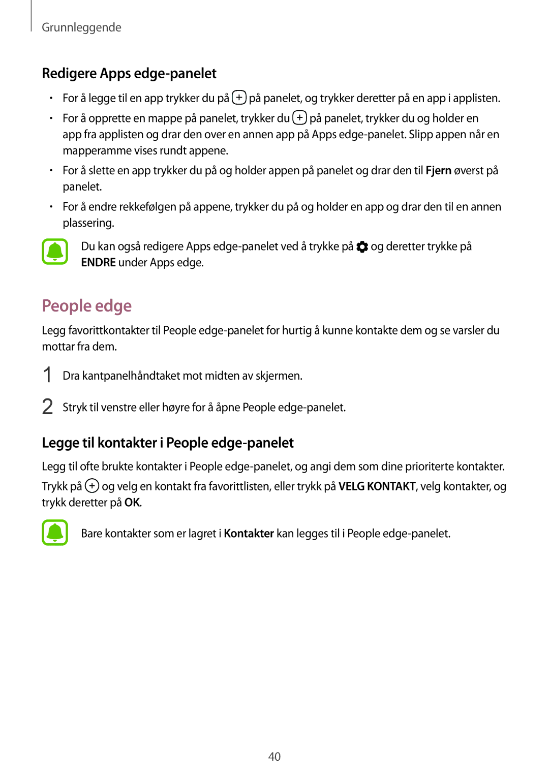 Samsung SM-G935FZKANEE, SM-G935FZWANEE manual Redigere Apps edge-panelet, Legge til kontakter i People edge-panelet 