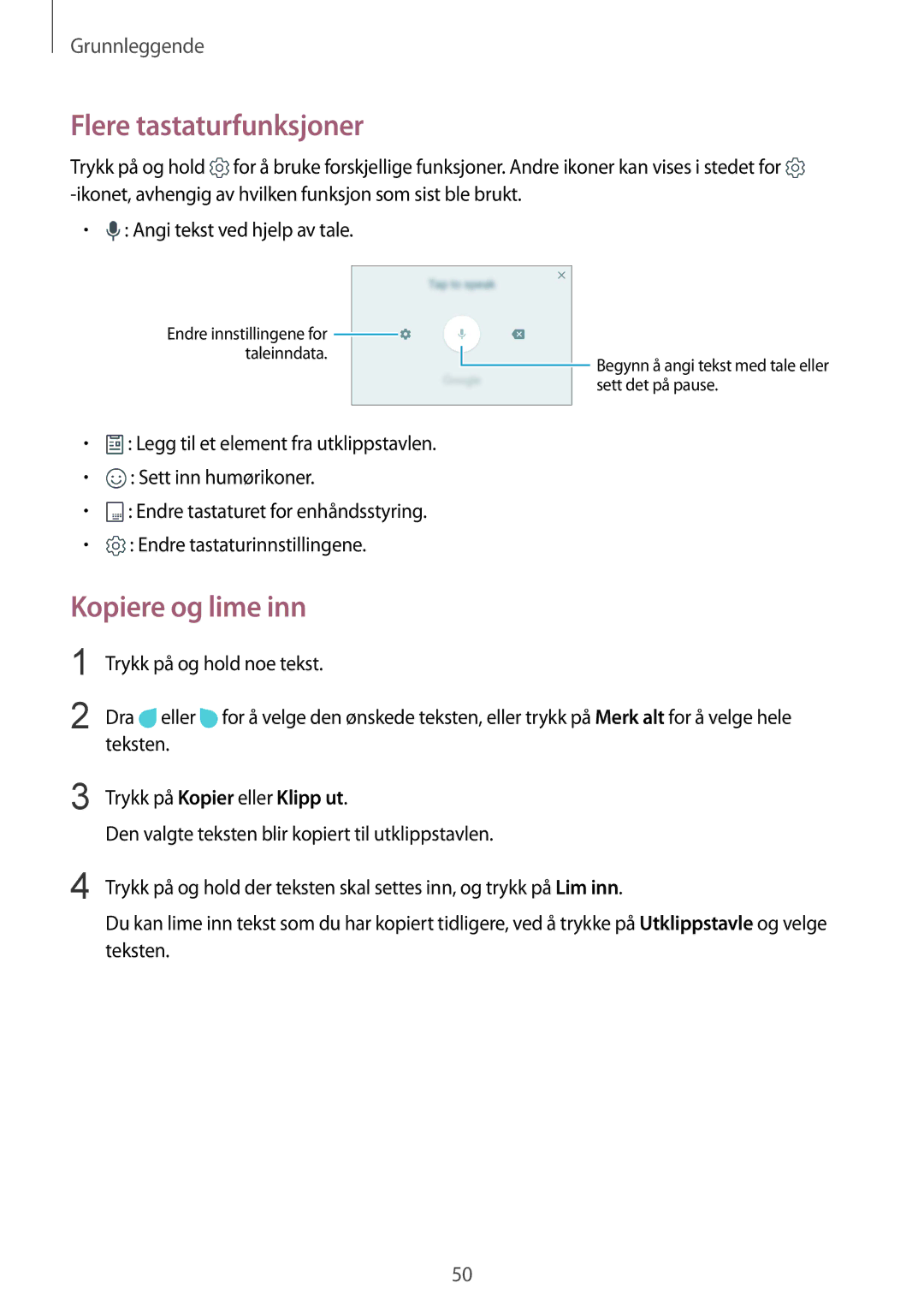 Samsung SM-G935FZDANEE, SM-G935FZWANEE, SM-G935FZBANEE, SM-G935FEDANEE manual Flere tastaturfunksjoner, Kopiere og lime inn 