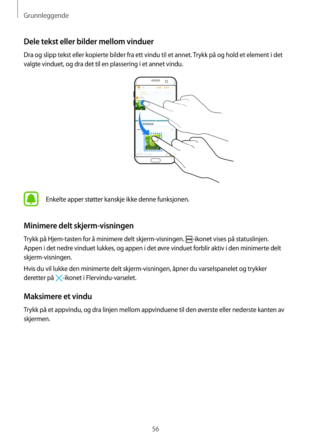 Samsung SM-G935FZDANEE manual Dele tekst eller bilder mellom vinduer, Minimere delt skjerm-visningen, Maksimere et vindu 