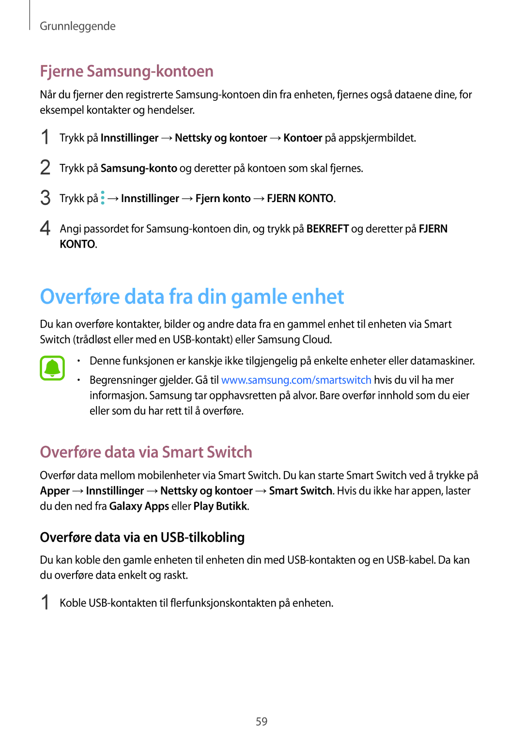 Samsung SM-G935FZSANEE manual Overføre data fra din gamle enhet, Fjerne Samsung-kontoen, Overføre data via Smart Switch 