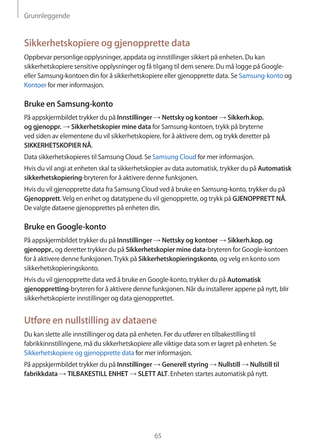 Samsung SM-G935FZSANEE Sikkerhetskopiere og gjenopprette data, Utføre en nullstilling av dataene, Bruke en Samsung-konto 