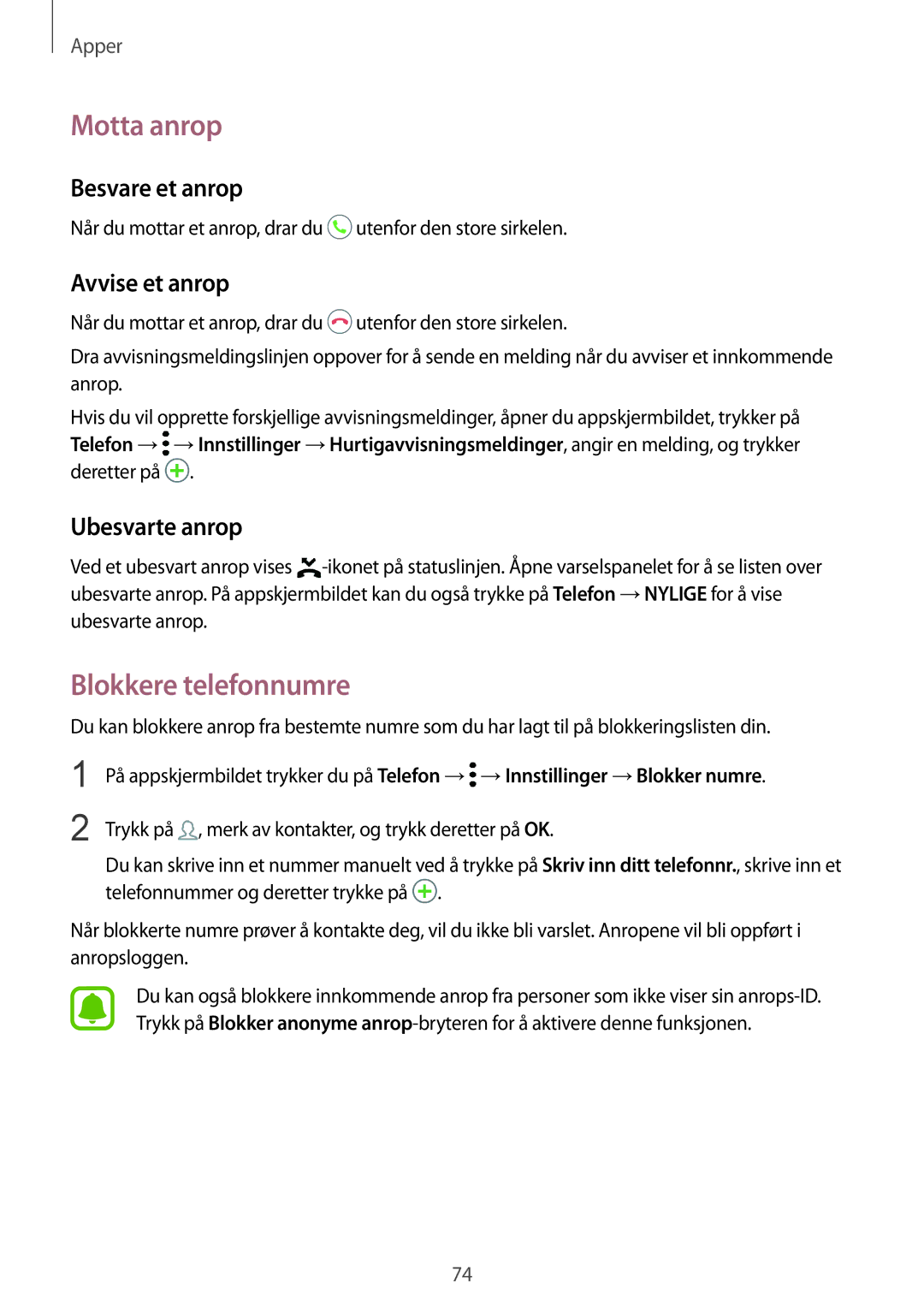 Samsung SM-G935FZDANEE manual Motta anrop, Blokkere telefonnumre, Besvare et anrop, Avvise et anrop, Ubesvarte anrop 