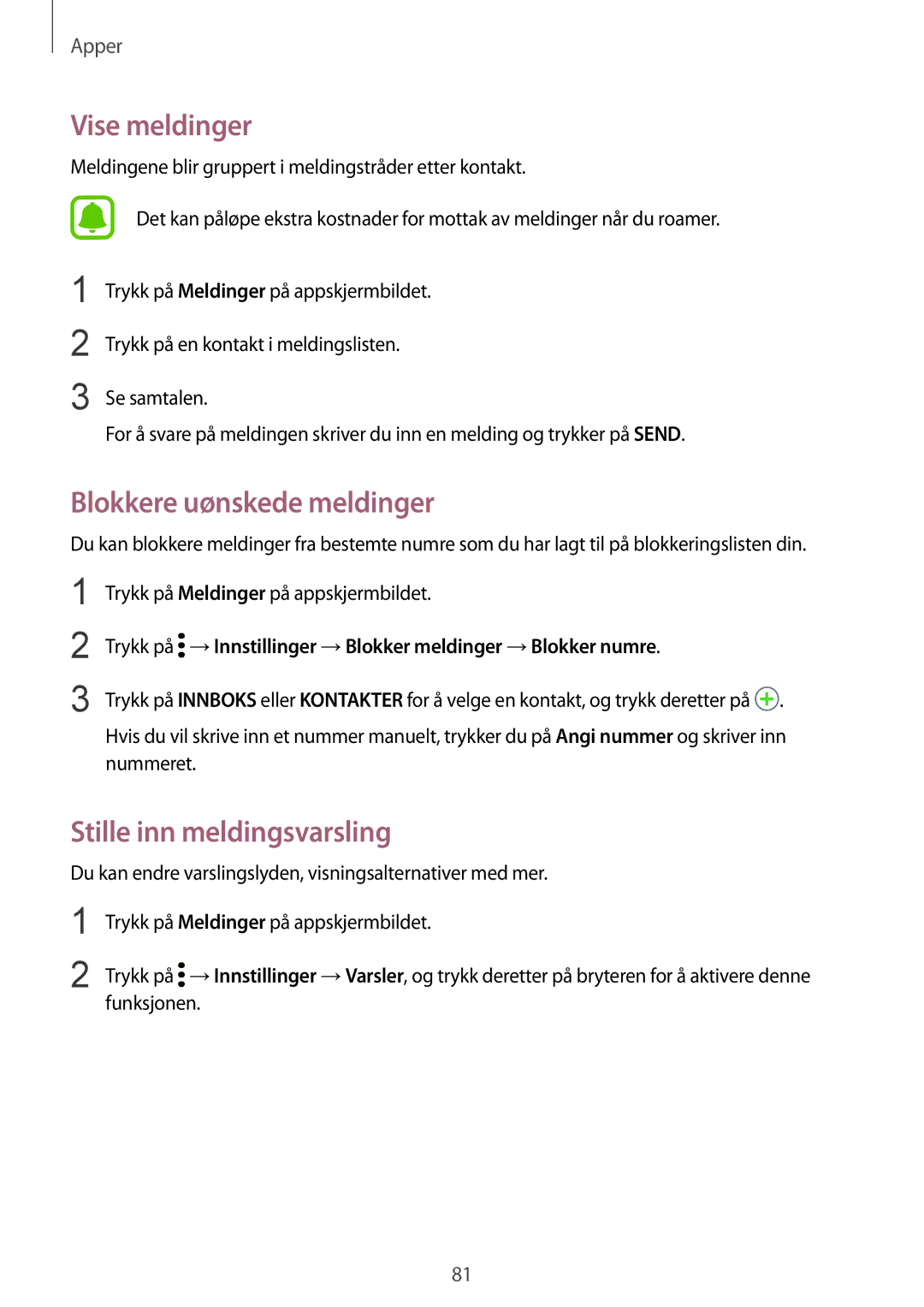 Samsung SM-G935FEDANEE, SM-G935FZWANEE manual Vise meldinger, Blokkere uønskede meldinger, Stille inn meldingsvarsling 