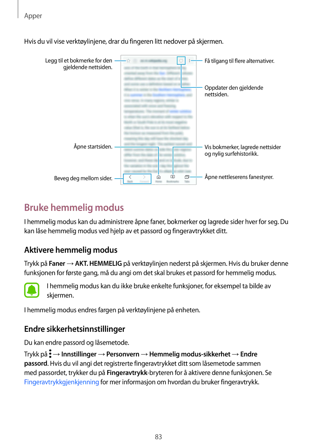 Samsung SM-G935FZSANEE, SM-G935FZWANEE manual Bruke hemmelig modus, Aktivere hemmelig modus, Endre sikkerhetsinnstillinger 