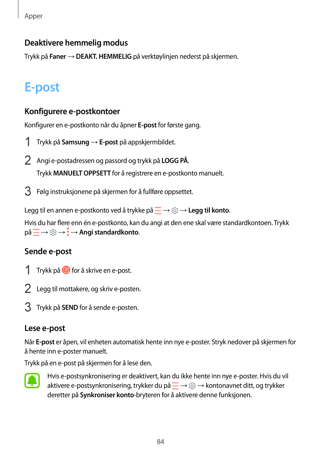 Samsung SM-G935FZWANEE manual Post, Deaktivere hemmelig modus, Konfigurere e-postkontoer, Sende e-post, Lese e-post 