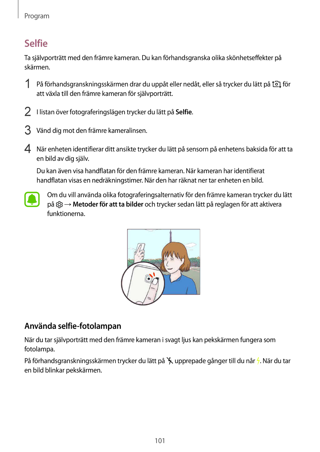 Samsung SM-G935FZSANEE, SM-G935FZWANEE, SM-G935FZBANEE, SM-G935FZDANEE, SM-G935FEDANEE manual Selfie, Använda selfie-fotolampan 