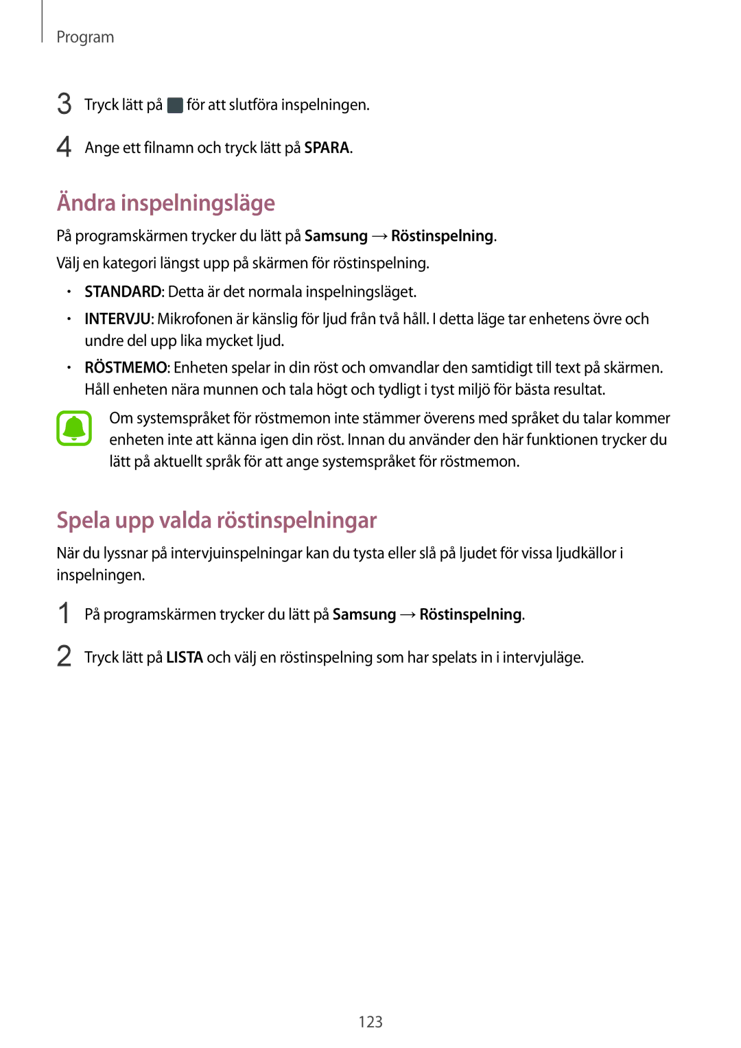 Samsung SM-G935FEDANEE, SM-G935FZWANEE, SM-G935FZBANEE manual Ändra inspelningsläge, Spela upp valda röstinspelningar 