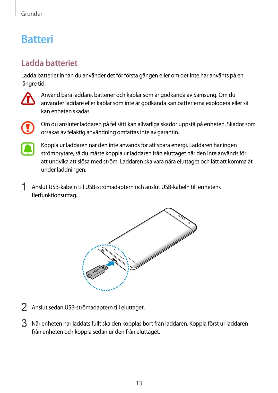 Samsung SM-G935FZBANEE, SM-G935FZWANEE, SM-G935FZDANEE, SM-G935FEDANEE, SM-G935FZKANEE manual Batteri, Ladda batteriet 