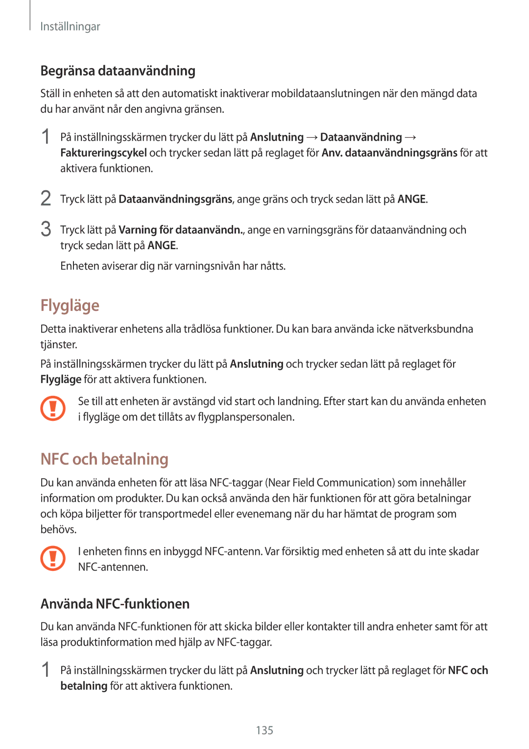 Samsung SM-G935FEDANEE, SM-G935FZWANEE manual Flygläge, NFC och betalning, Begränsa dataanvändning, Använda NFC-funktionen 