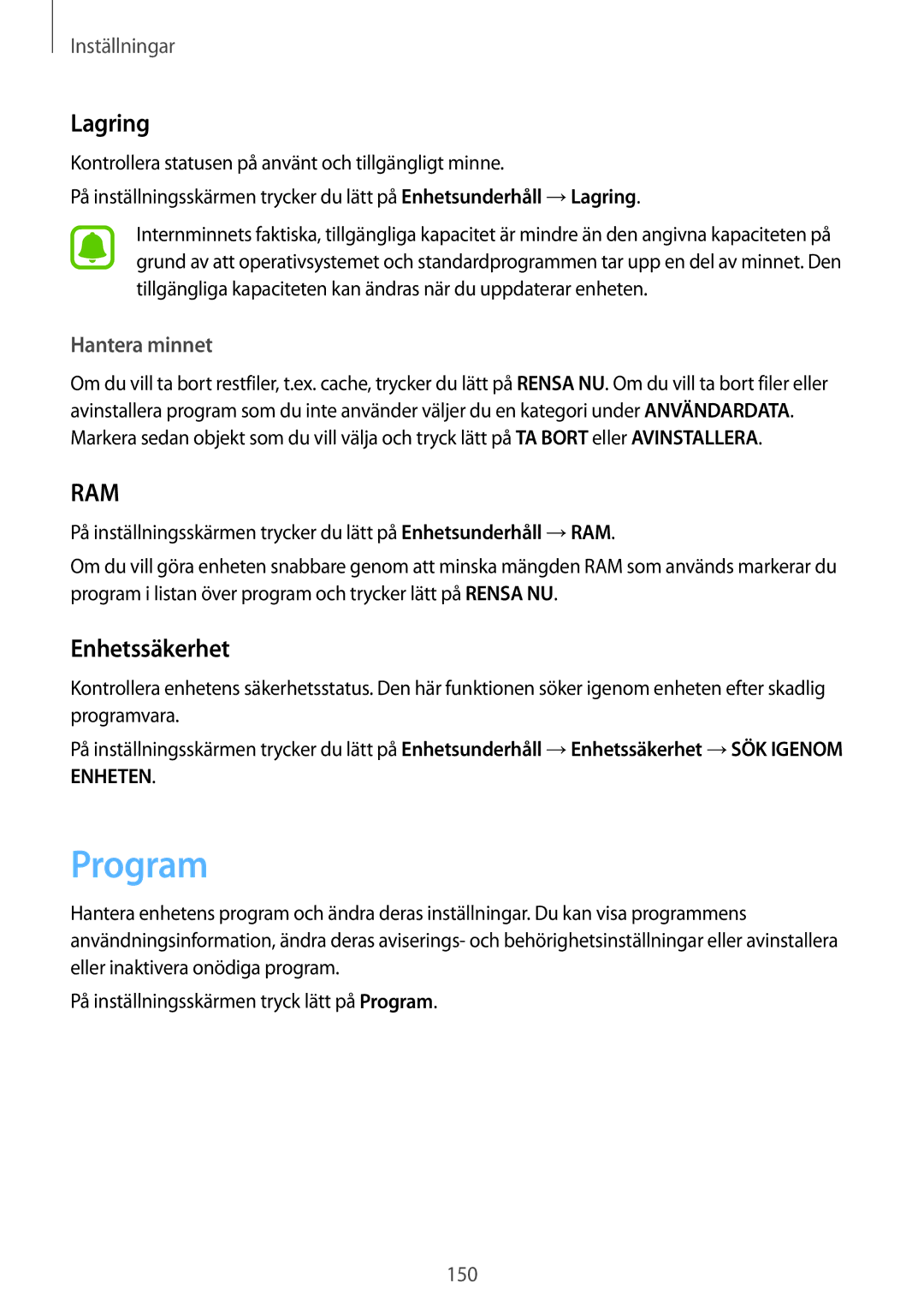 Samsung SM-G935FZWANEE, SM-G935FZBANEE, SM-G935FZDANEE, SM-G935FEDANEE manual Program, Lagring, Enhetssäkerhet, Hantera minnet 