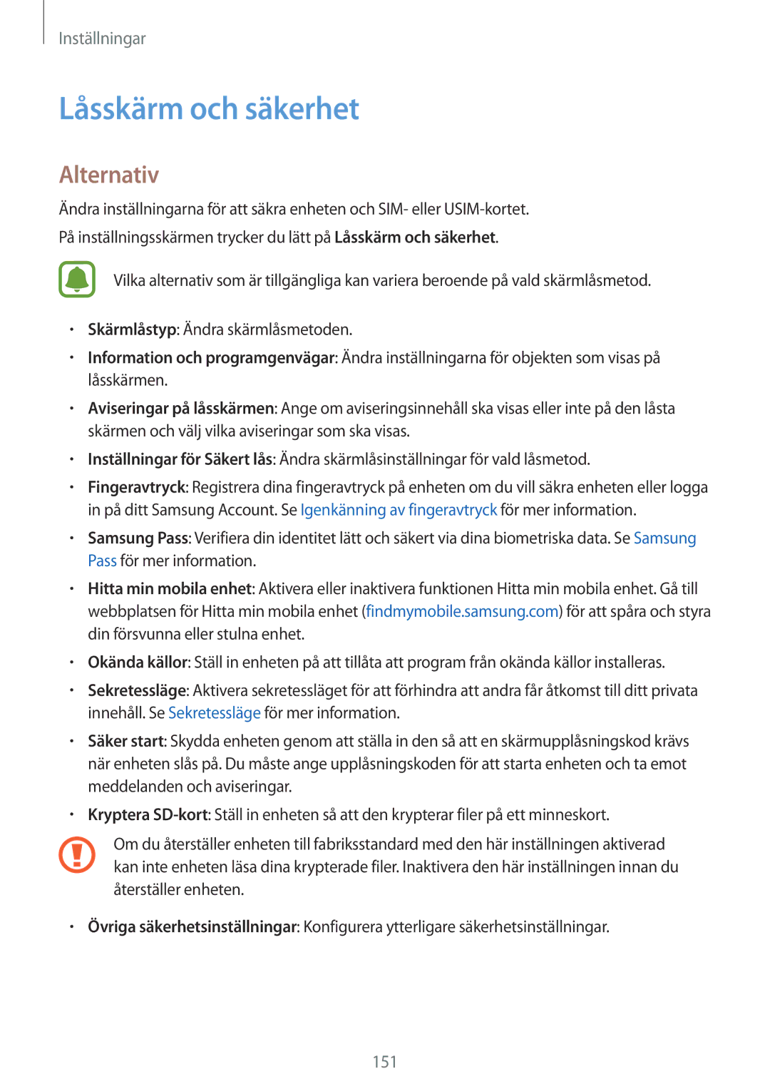 Samsung SM-G935FZBANEE, SM-G935FZWANEE, SM-G935FZDANEE, SM-G935FEDANEE, SM-G935FZKANEE manual Låsskärm och säkerhet, Alternativ 