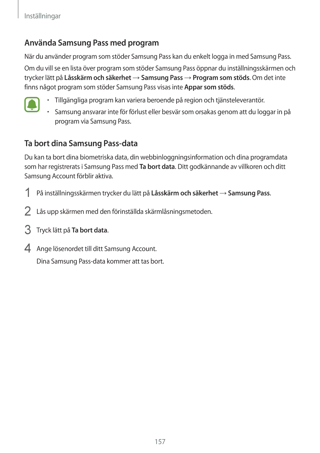 Samsung SM-G935FZBANEE, SM-G935FZWANEE, SM-G935FZDANEE Använda Samsung Pass med program, Ta bort dina Samsung Pass-data 