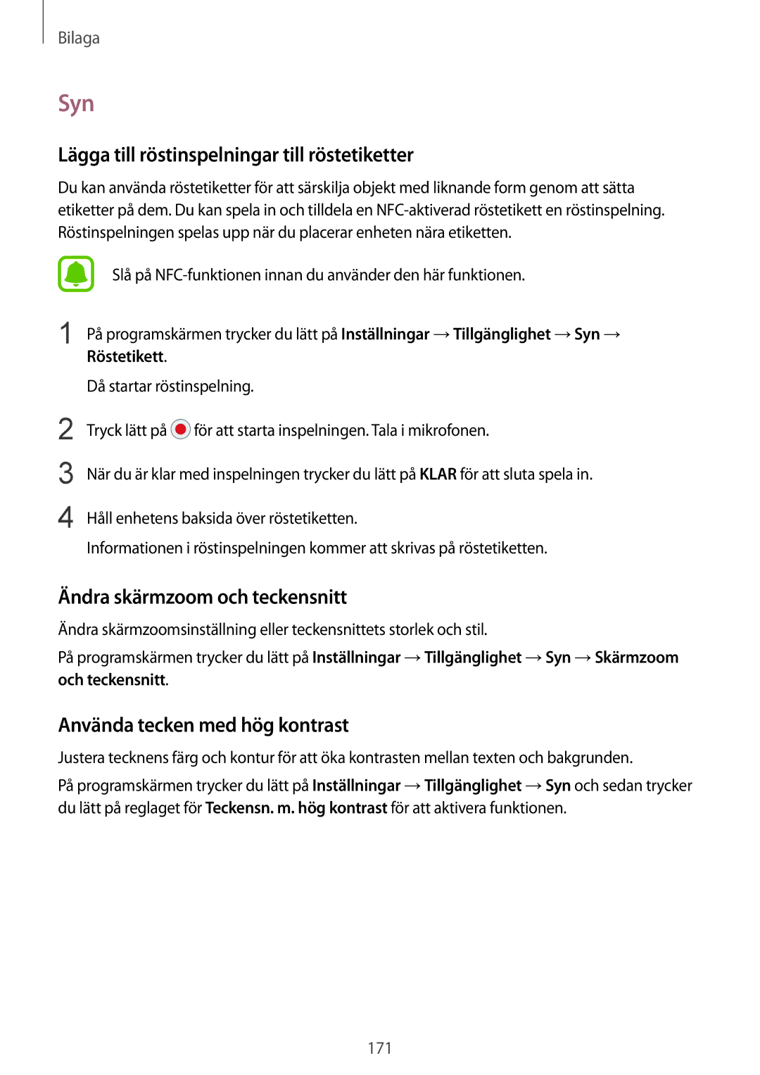 Samsung SM-G935FEDANEE manual Syn, Lägga till röstinspelningar till röstetiketter, Ändra skärmzoom och teckensnitt 