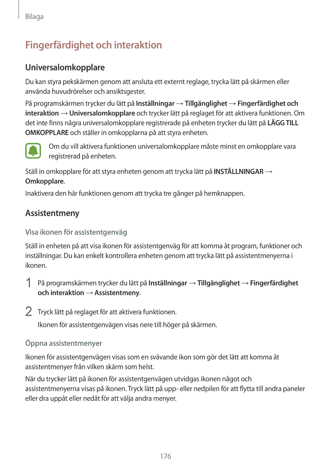 Samsung SM-G935FZDANEE manual Fingerfärdighet och interaktion, Universalomkopplare, Assistentmeny, Öppna assistentmenyer 