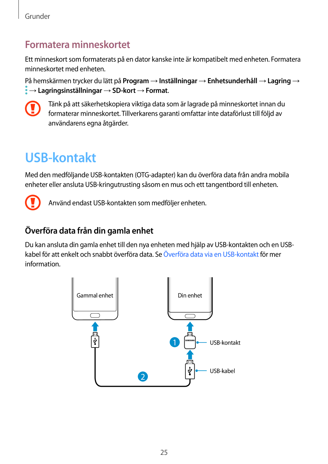 Samsung SM-G935FZBANEE, SM-G935FZWANEE manual USB-kontakt, Formatera minneskortet, Överföra data från din gamla enhet 