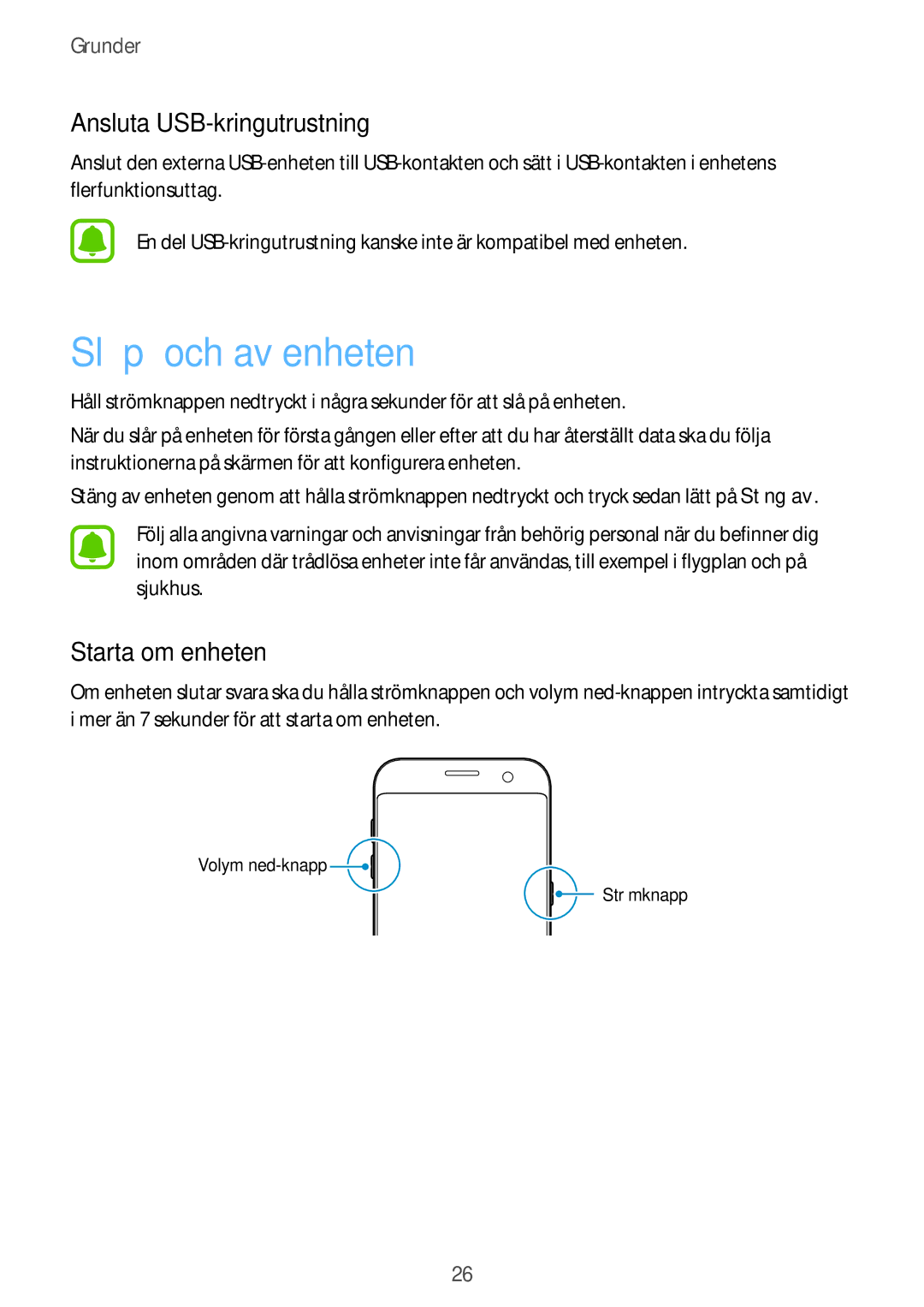 Samsung SM-G935FZDANEE, SM-G935FZWANEE manual Slå på och av enheten, Ansluta USB-kringutrustning, Starta om enheten 