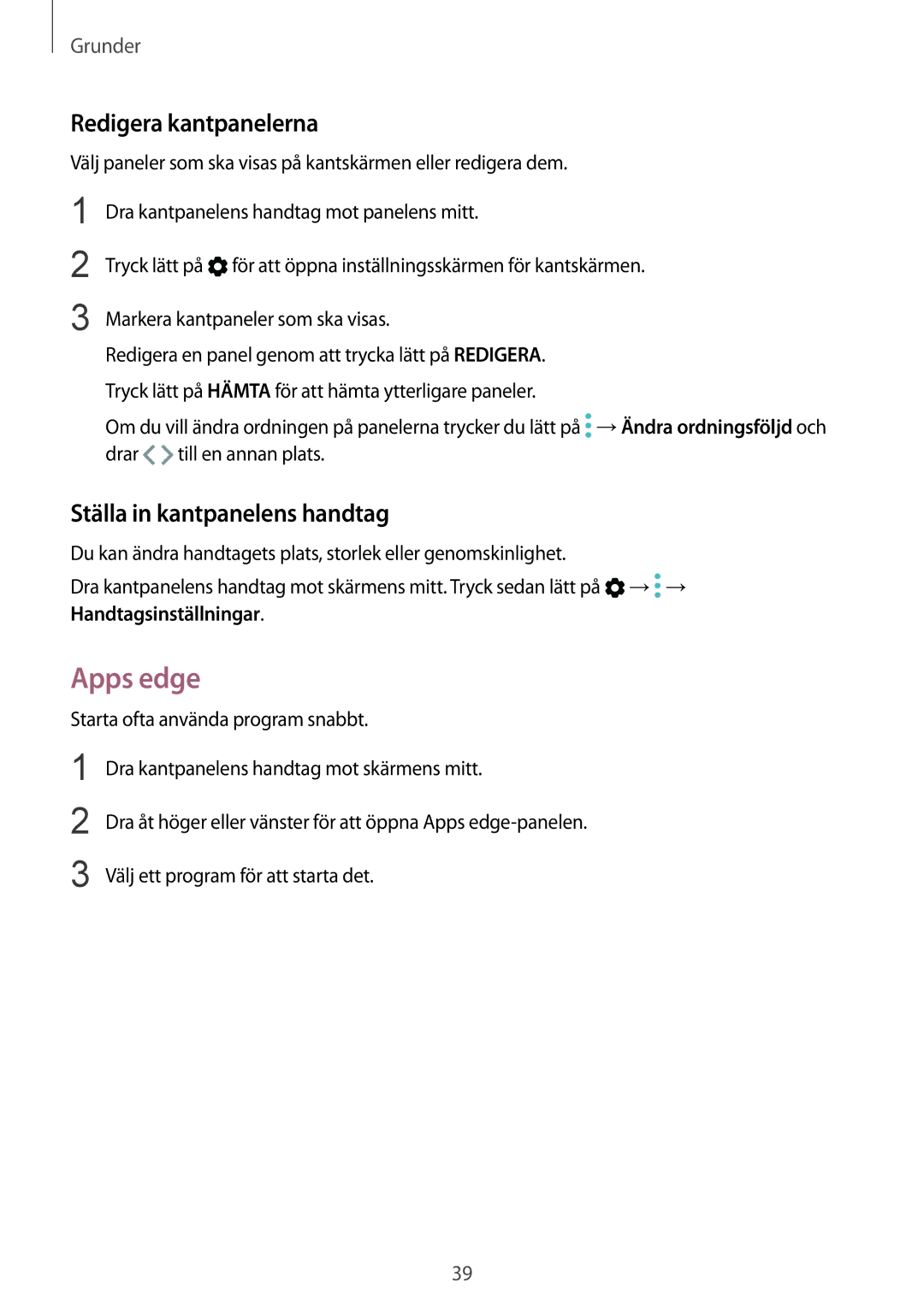 Samsung SM-G935FEDANEE, SM-G935FZWANEE, SM-G935FZBANEE Apps edge, Redigera kantpanelerna, Ställa in kantpanelens handtag 