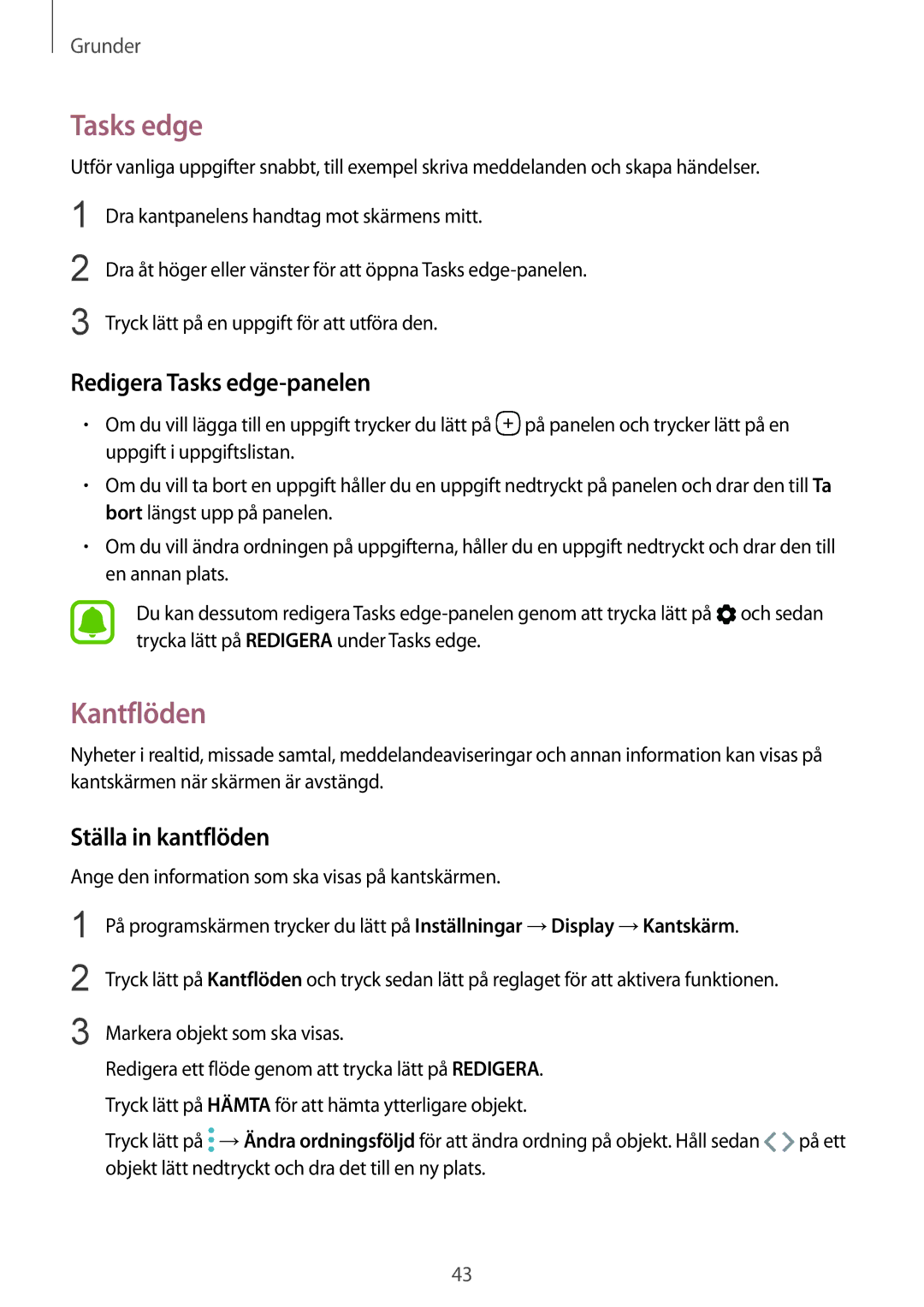 Samsung SM-G935FZBANEE, SM-G935FZWANEE, SM-G935FZDANEE Kantflöden, Redigera Tasks edge-panelen, Ställa in kantflöden 