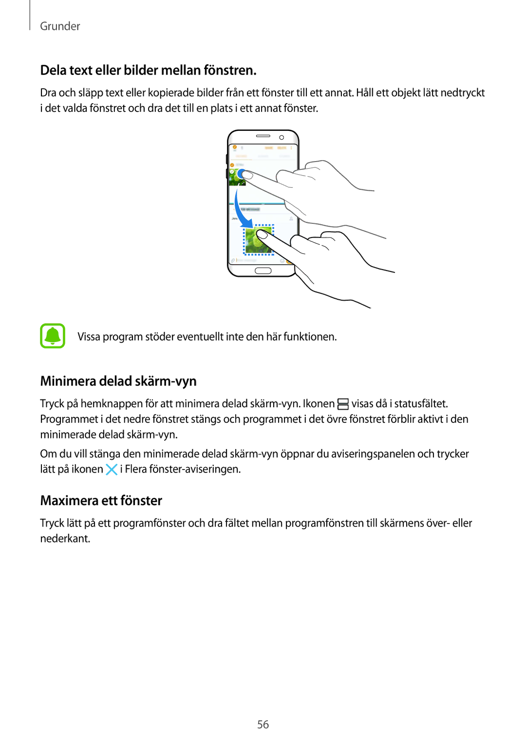 Samsung SM-G935FZDANEE manual Dela text eller bilder mellan fönstren, Minimera delad skärm-vyn, Maximera ett fönster 