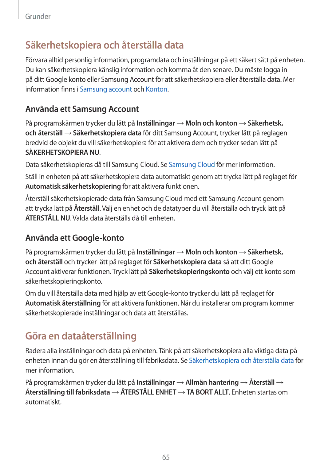 Samsung SM-G935FZSANEE manual Säkerhetskopiera och återställa data, Göra en dataåterställning, Använda ett Samsung Account 