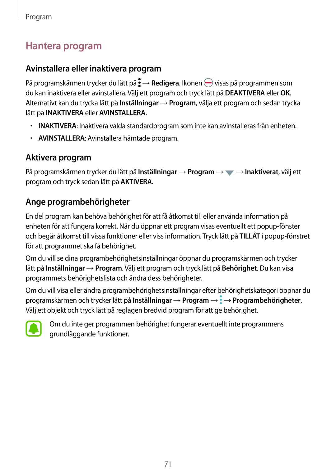 Samsung SM-G935FZSANEE Hantera program, Avinstallera eller inaktivera program, Aktivera program, Ange programbehörigheter 