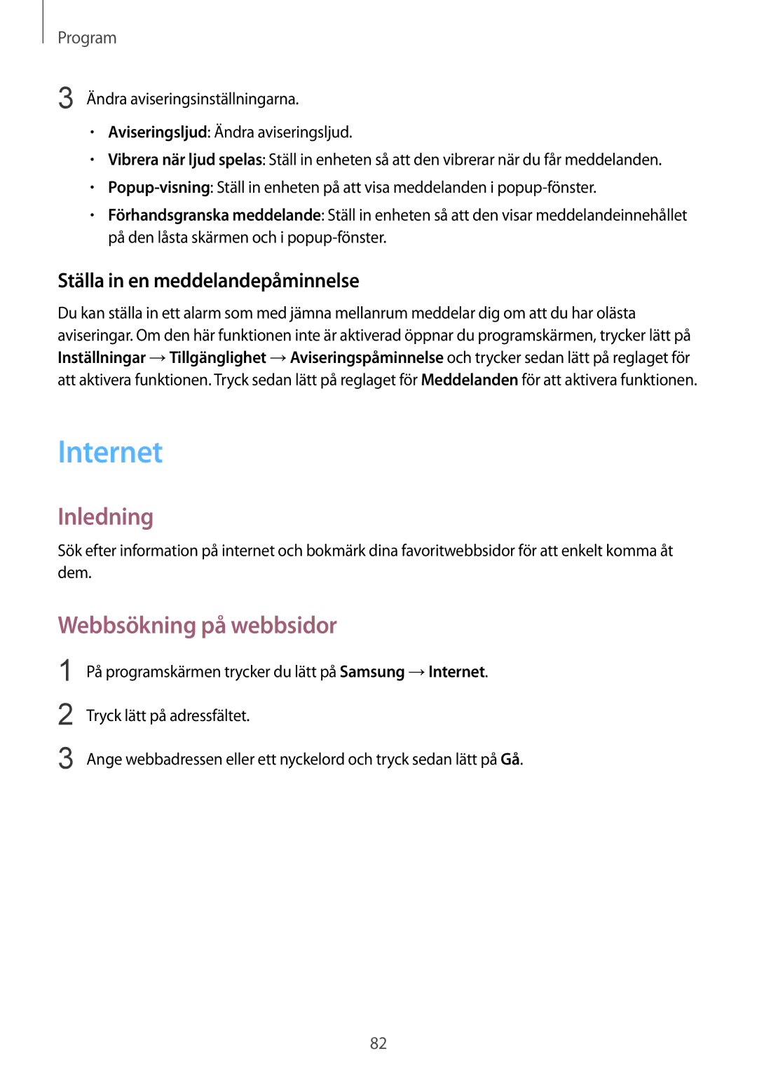 Samsung SM-G935FZKANEE, SM-G935FZWANEE manual Internet, Webbsökning på webbsidor, Ställa in en meddelandepåminnelse 