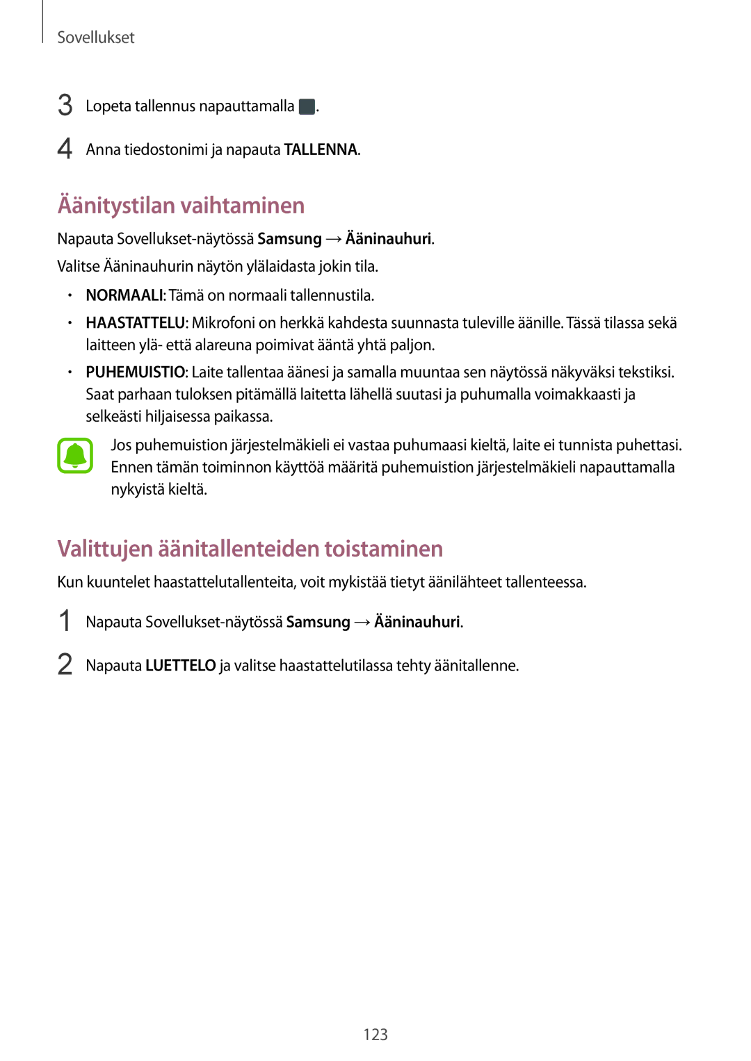 Samsung SM-G935FEDANEE, SM-G935FZWANEE, SM-G935FZBANEE Äänitystilan vaihtaminen, Valittujen äänitallenteiden toistaminen 