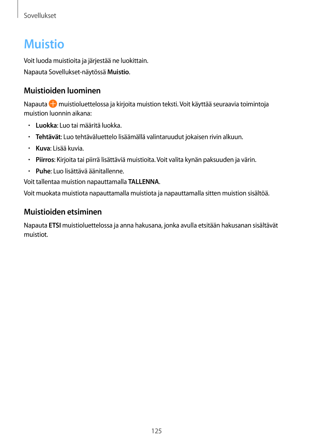 Samsung SM-G935FZSANEE, SM-G935FZWANEE, SM-G935FZBANEE, SM-G935FZDANEE manual Muistioiden luominen, Muistioiden etsiminen 