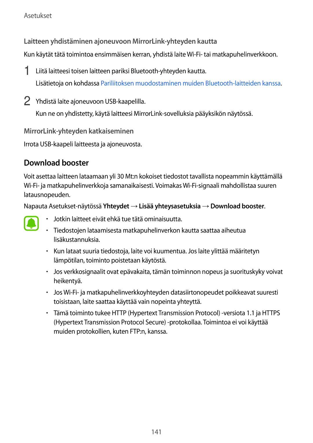 Samsung SM-G935FEDANEE, SM-G935FZWANEE manual Download booster, Laitteen yhdistäminen ajoneuvoon MirrorLink-yhteyden kautta 