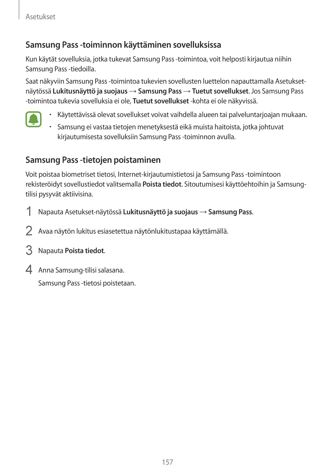 Samsung SM-G935FZBANEE manual Samsung Pass -toiminnon käyttäminen sovelluksissa, Samsung Pass -tietojen poistaminen 