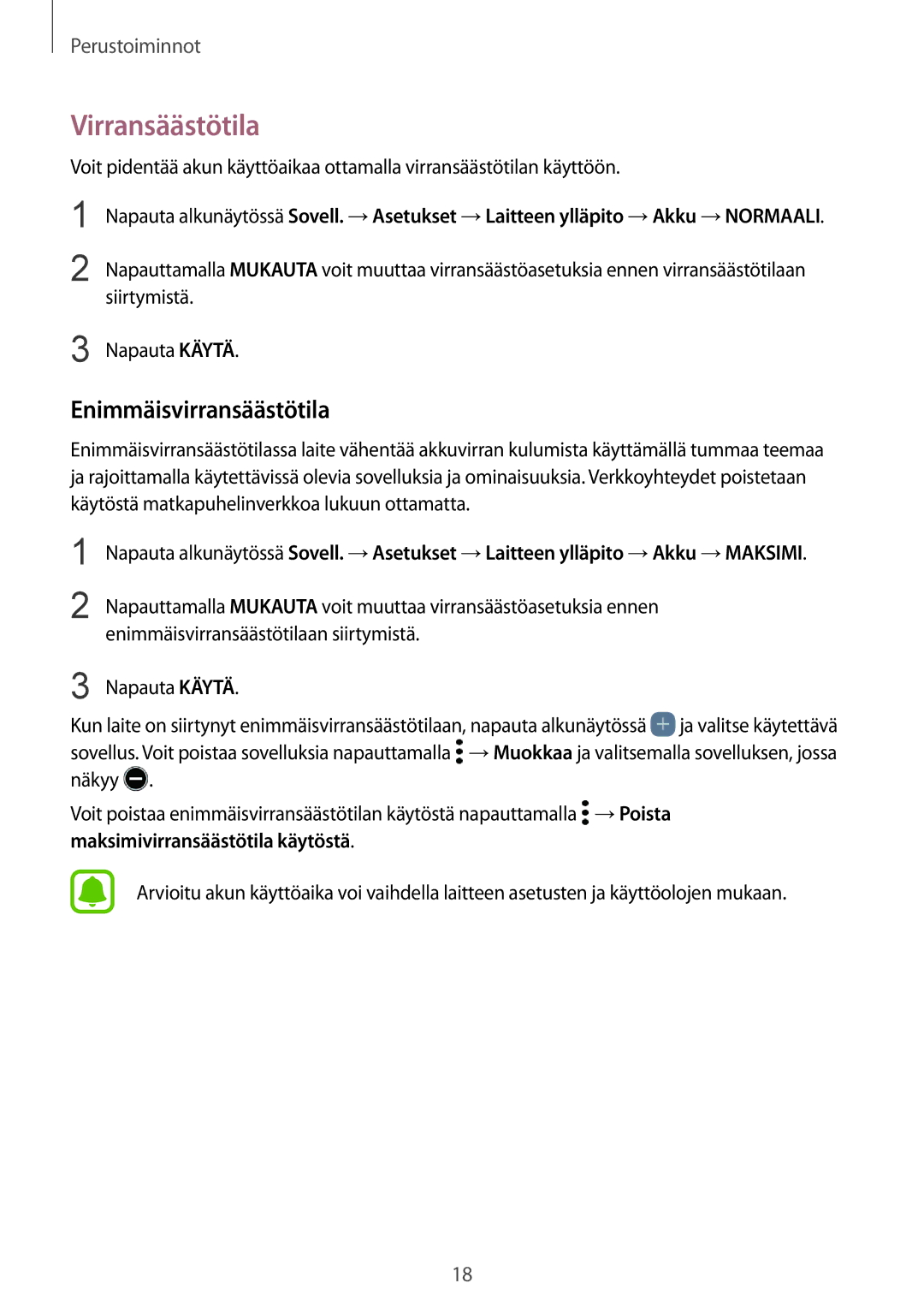 Samsung SM-G935FZWANEE, SM-G935FZBANEE, SM-G935FZDANEE manual Virransäästötila, Enimmäisvirransäästötilaan siirtymistä 