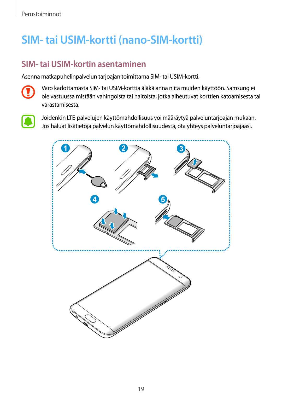 Samsung SM-G935FZBANEE, SM-G935FZWANEE manual SIM- tai USIM-kortti nano-SIM-kortti, SIM- tai USIM-kortin asentaminen 