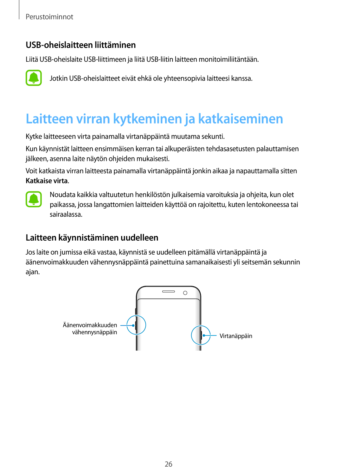 Samsung SM-G935FZDANEE, SM-G935FZWANEE manual Laitteen virran kytkeminen ja katkaiseminen, USB-oheislaitteen liittäminen 